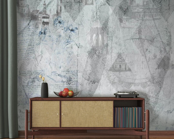 Wall murals Grey and white wallpaper with drawings Wall murals Grey and white wallpaper with drawings