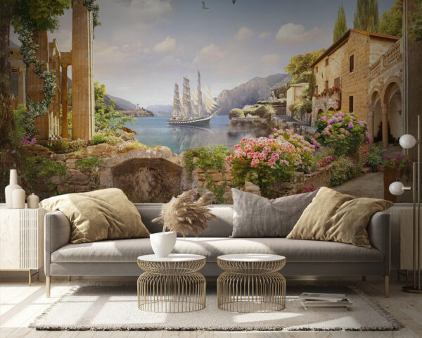 Wall murals Stone building with a boat in the water Wall murals Stone building with a boat in the water