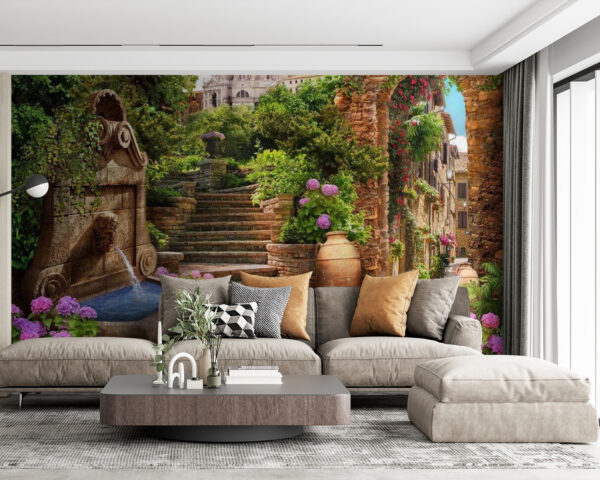 Wall murals Stone path with a fountain and stairs and flowers Wall murals Stone path with a fountain and stairs and flowers