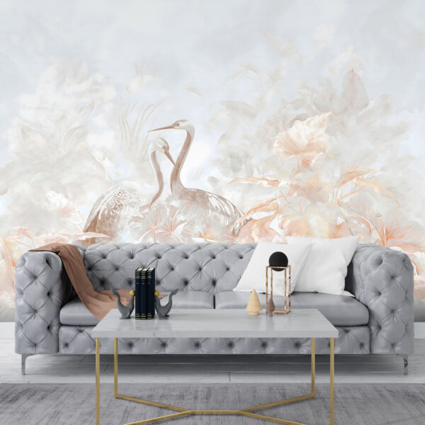 Cranes amidst lush foliage scene Wall murals Cranes amidst lush foliage scene