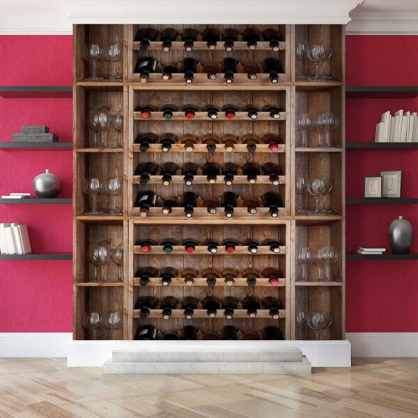 Wine bottles and glasses on shelves Wall murals Wine bottles and glasses on shelves