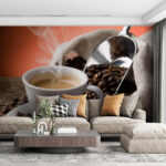 Wall murals Cup of coffee with steam and coffee beans