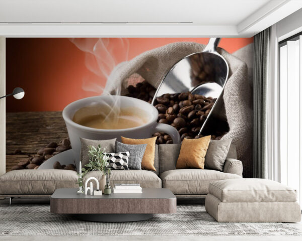 Wall murals Cup of coffee with steam and coffee beans Wall murals Cup of coffee with steam and coffee beans