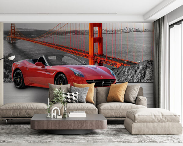 Wall murals Red sports car on a road with a bridge in the background Wall murals Red sports car on a road with a bridge in the background