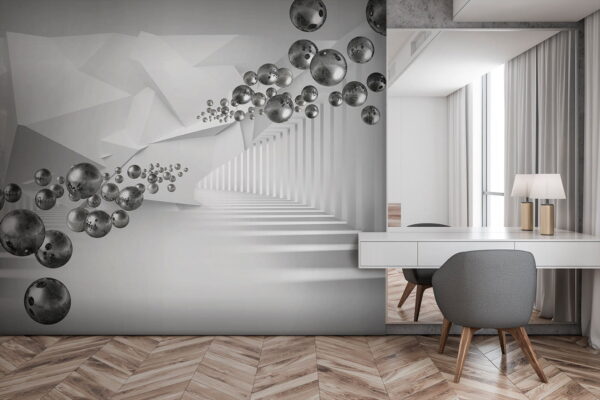 Floating spheres in geometric corridor Wall murals Floating spheres in geometric corridor