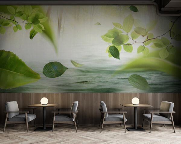 Wall murals Water with leaves flying through the air Wall murals Water with leaves flying through the air