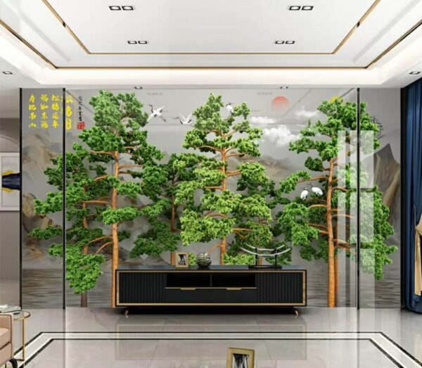 Wall murals Group of trees with birds flying above them Wall murals Group of trees with birds flying above them