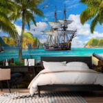 Wall murals Pirate ship anchored by tropical paradise.