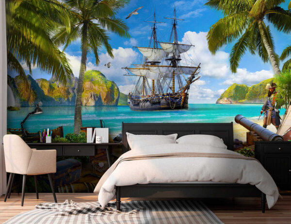 Pirate ship anchored by tropical paradise Wall murals Pirate ship anchored by tropical paradise