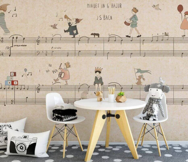 Wall murals Sheet of music with drawings of people playing instruments Wall murals Sheet of music with drawings of people playing instruments