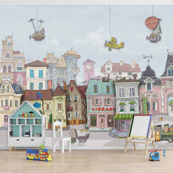 Wall murals Group of buildings with cars and airplanes Wall murals Group of buildings with cars and airplanes