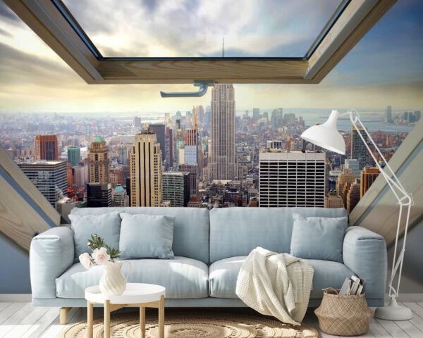 Wall murals Window with a view of a city Wall murals Window with a view of a city