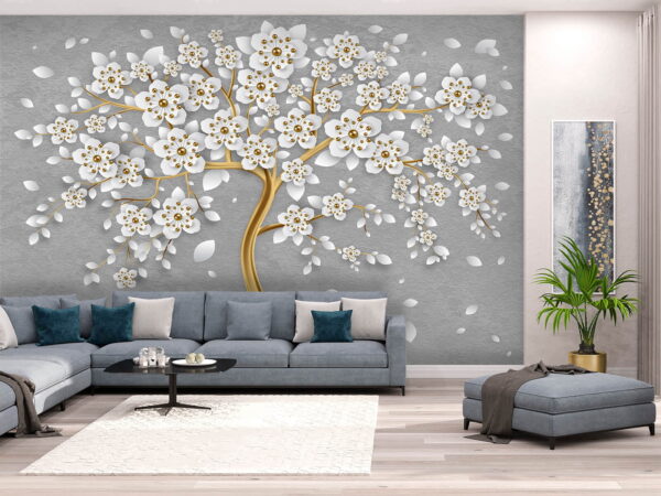 Wall murals Tree with white flowers and leaves Wall murals Tree with white flowers and leaves