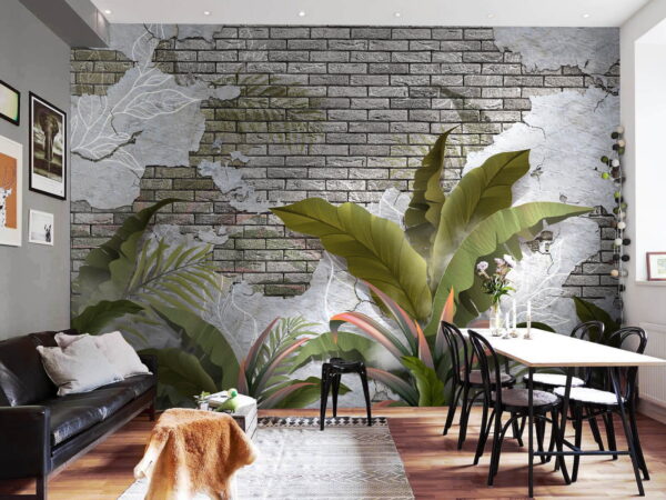 Wall murals Brick wall with leaves and a brick wall Wall murals Brick wall with leaves and a brick wall