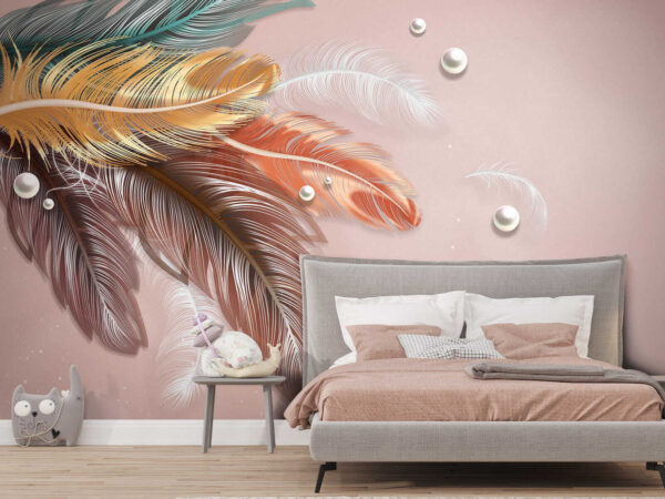 Wall murals Group of colorful feathers and pearls Wall murals Group of colorful feathers and pearls