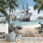 Wall murals Pirate ship anchored on scenic beach.