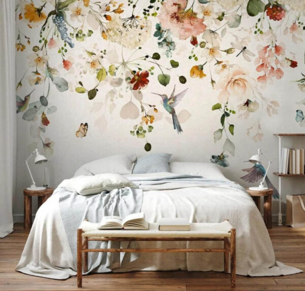 Hummingbird hovers beneath floral arch Wall murals Hummingbird hovers beneath floral arch