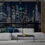 Wall murals View of a city from a window at night
