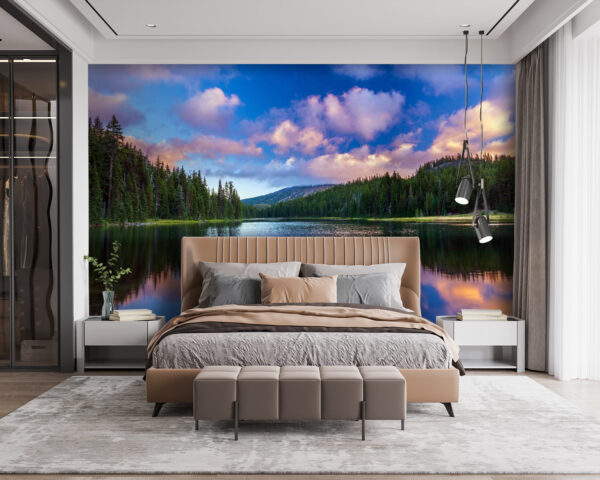 Wall murals Lake surrounded by trees and mountains Wall murals Lake surrounded by trees and mountains