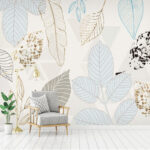 Wall murals Colorful outlined leaves on pattern.