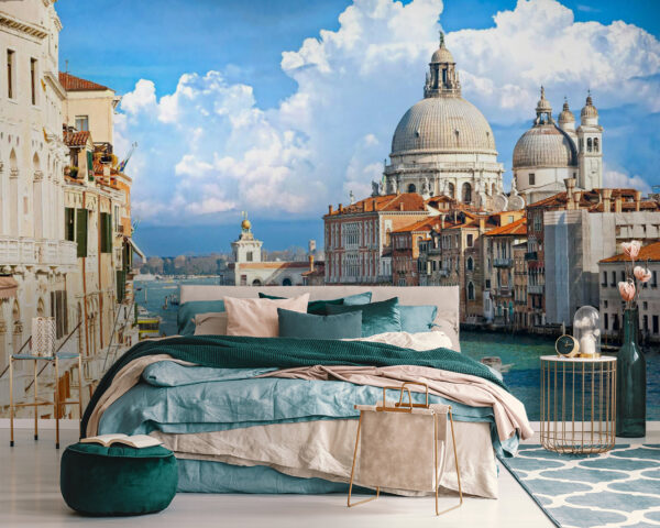 Wall murals Water way with boats and buildings in the background Wall murals Water way with boats and buildings in the background
