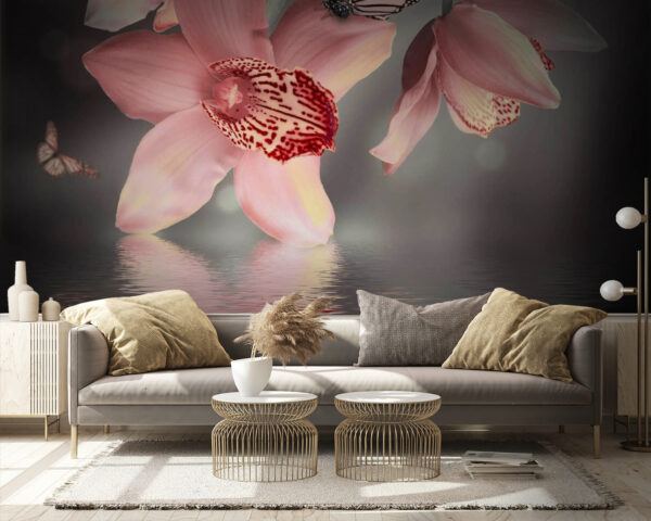 Wall murals Pink orchids and butterflies on a branch Wall murals Pink orchids and butterflies on a branch