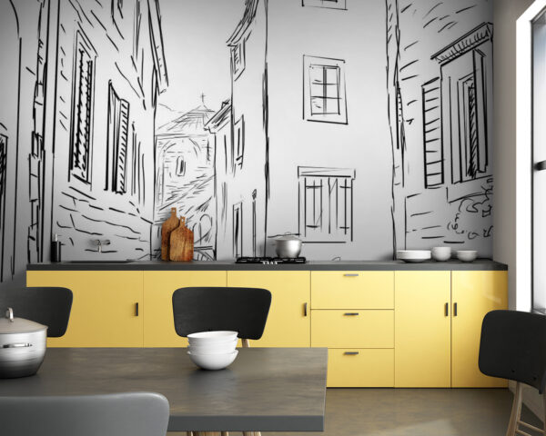 Wall murals Drawing of a street with buildings Wall murals Drawing of a street with buildings