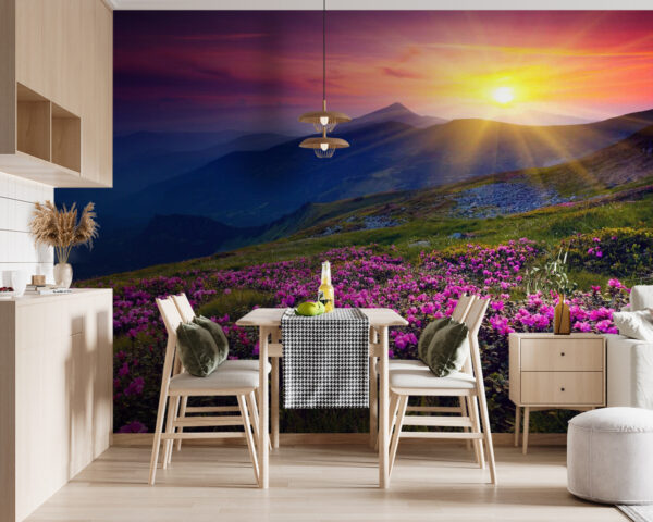 Wall murals Field of flowers with the sun setting behind it Wall murals Field of flowers with the sun setting behind it