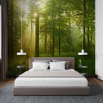 Wall murals Sunlight streams through lush forest.