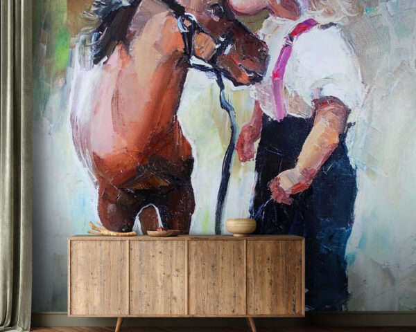 Wall murals Painting of a girl kissing a horse Wall murals Painting of a girl kissing a horse