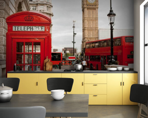 Wall murals Red telephone booth in a city Wall murals Red telephone booth in a city