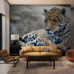 Wall murals Leopard lying on a wood surface