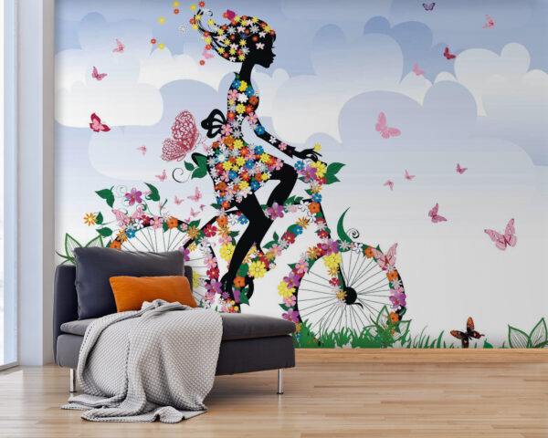 Wall murals Woman riding a bicycle with flowers Wall murals Woman riding a bicycle with flowers