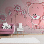 Wall murals Bear in pink field of flowers.