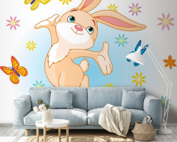 Wall murals Cartoon of a rabbit jumping in the air with butterflies Wall murals Cartoon of a rabbit jumping in the air with butterflies