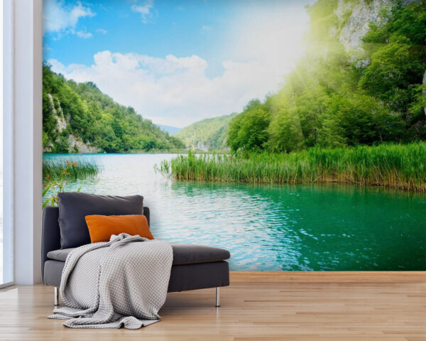 Wall murals Body of water with grass and trees around it Wall murals Body of water with grass and trees around it