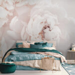 Wall murals White peony blooms softly unfurl.
