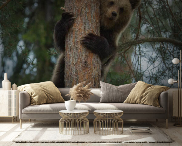 Bear peeking from behind the tree Wall murals Bear peeking from behind the tree