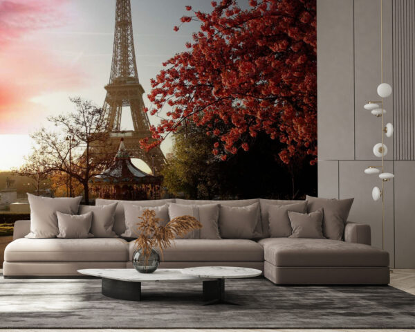 Wall murals Park with benches and a tower Wall murals Park with benches and a tower