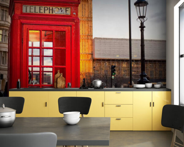 Wall murals Red telephone booth in a city Wall murals Red telephone booth in a city
