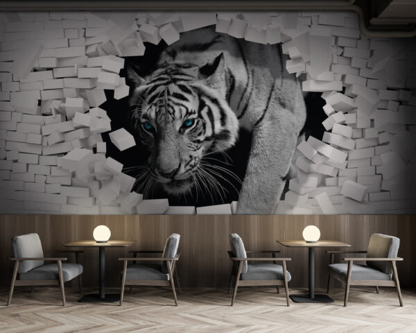 Tiger breaking through white brick wall Wall murals Tiger breaking through white brick wall
