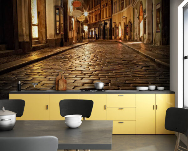 Wall murals Stone street with buildings and street lights Wall murals Stone street with buildings and street lights