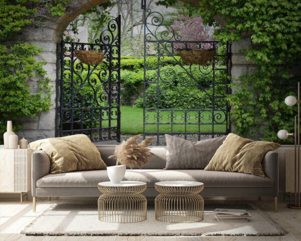 Wall murals Gate with a stone arch and a green lawn Wall murals Gate with a stone arch and a green lawn