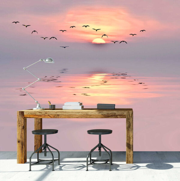 Birds flying in the sky with the sun behind them Wall murals Birds flying in the sky with the sun behind them