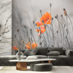 Wall murals Orange flowers in misty grass field