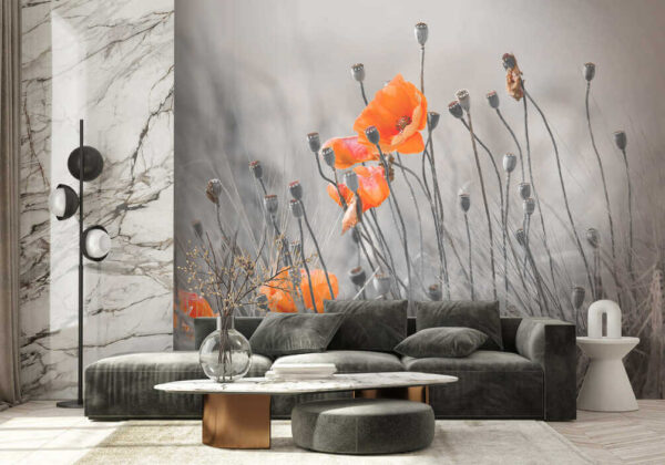 Orange flowers in misty grass field Wall murals Orange flowers in misty grass field