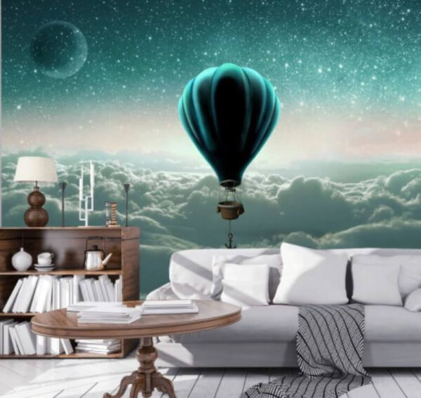 Hot air balloon with a basket in the air above the clouds Wall murals Hot air balloon with a basket in the air above the clouds