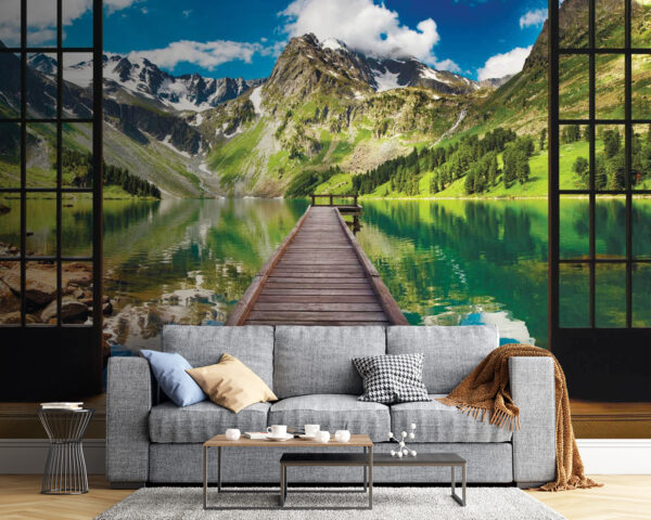 Wooden dock over a lake with mountains in the background Wall murals Wooden dock over a lake with mountains in the background