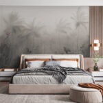 Wall murals Foggy forest with palm trees and butterflies