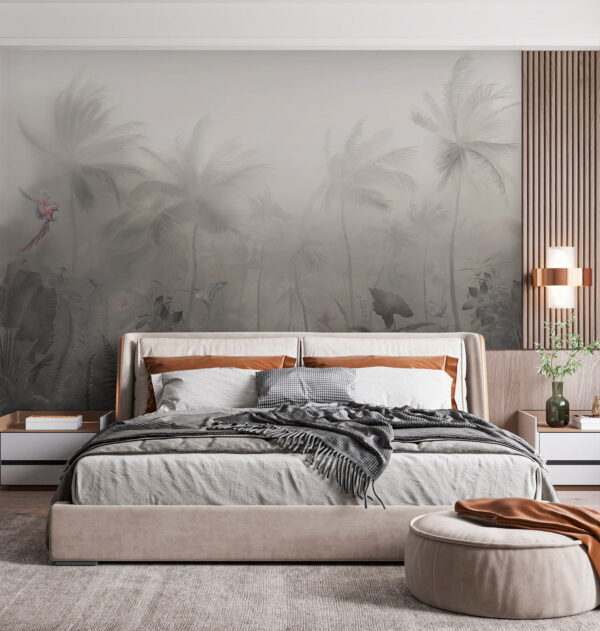 Wall murals Foggy forest with palm trees and butterflies Wall murals Foggy forest with palm trees and butterflies